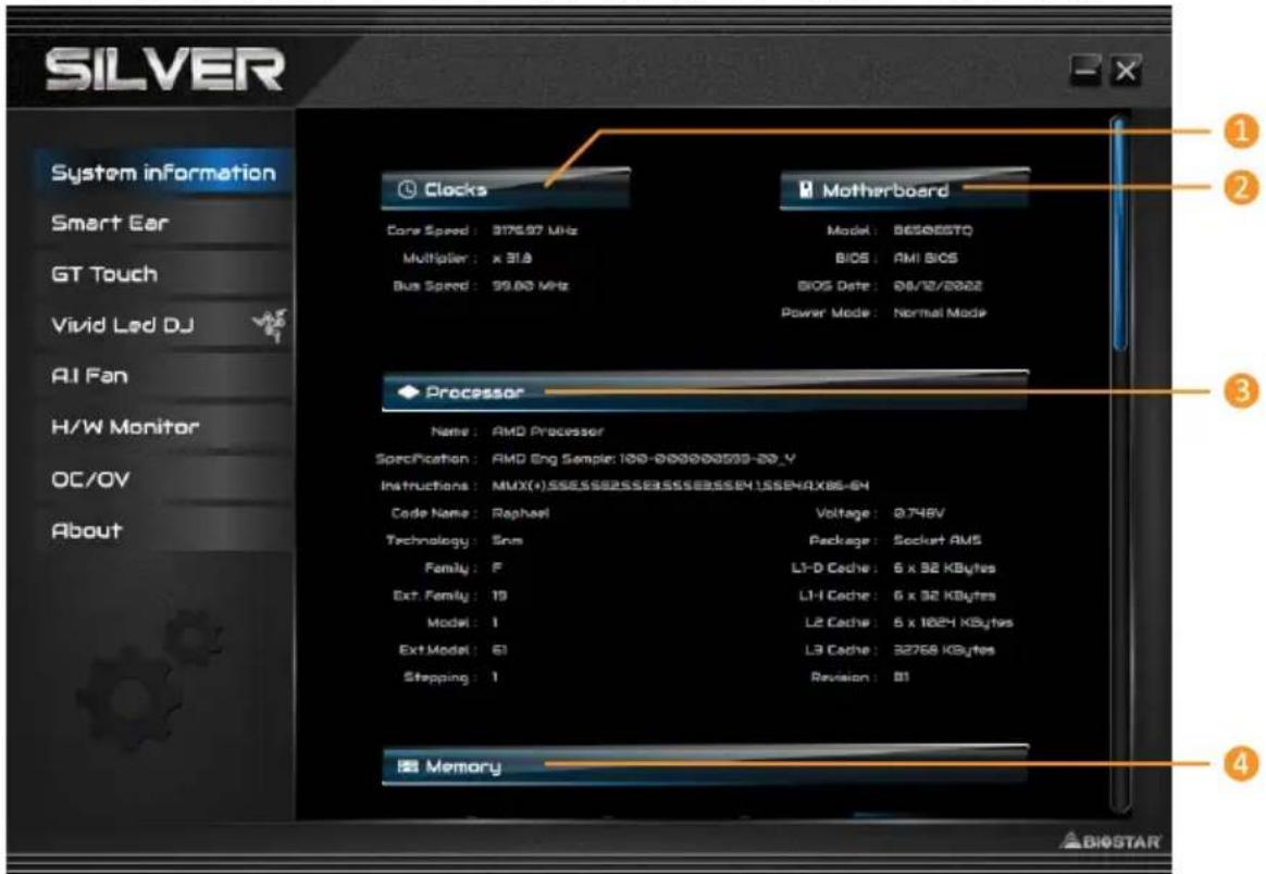 SILVER System information Smart Ear GT Touch Vivid Led DJ AI Fan H/W Monitor OC/OV About Clocks Core Speed: 3176.97 MHz Multiplier: x 31.8 Bus Speed: 99.00 MHz Motherboard Model: 865885TQ BIOS: AMI BIOS BIOS Date: 04/12/2022 Power Mode: Normal Mode Processor Name: AMD Processor Specification: AMD Eng Sample: 100-000000599-20_V Instructions: MUX(+)SSE5SSE2SSE3SSE3SSE41SSE4AX86-64 Code Name: Raphael Technology: Sosm Family: F Ext. Family: 19 Model: I Ext. Model: 61 Stepping: I Voltage: 0.748V Package: Socket AMS L1-D Cache: 6 x 32 KBytes L1-H Cache: 6 x 32 KBytes L2 Cache: 6 x 1024 KBytes L3 Cache: 32768 KBytes Revision: 01 Memory ① ② ③ ④