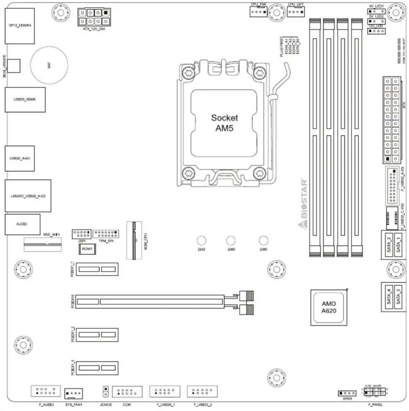 DP12_HDMR4 ATX_12V_3M CPU PAN CPU OPT BIOS_UPDATE BAS USB20_HDMS Socket AM5 PLUG FIRST DORS_A1 DORS_A2 DORS_B1 DORS_B2 9V LED1 9V LED2 12V LED SATA 2 SATA 3 F_AUDIO SYS_FAN1 JCMOS COM F_USB20_1 F_USB20_2 AMD A620 PCEX1_1 JSPI TPM_SPI ROM1 MOM_CPU 2242 2280 2280 SATA 1 F_USB32_C-10G SATA 2 SATA 3 F_AUDIO SYS_FAN1 JCMOS COM F_USB20_1 F_USB20_2 SPOR F PANEL