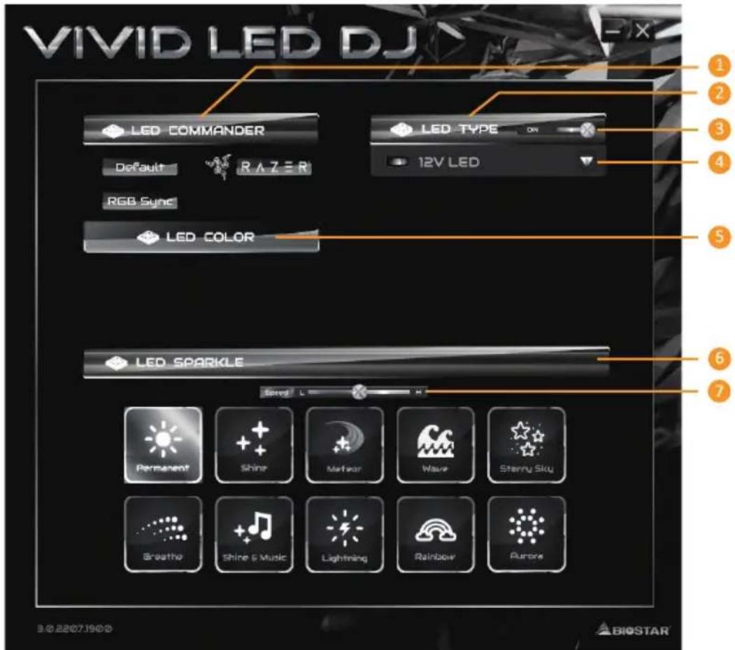 VIVID LED DJ LED COMMANDER Default RAZER RGB Sync LED COLOR LED SPARKLE Saved L Permanent Shine Meather Wave Stenny Sky Breathe Shine & Music Lightning Rainbow Aurora 3.0.2207.1900 BIOSTAR