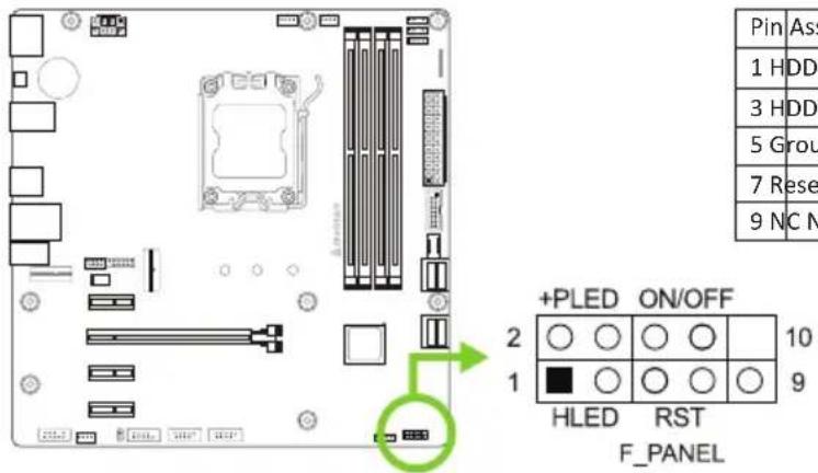 Pin Ass 1 HDD 3 HDD 5 Grou 7 Rese 9 NC N +PLED ON/OFF 2 ○ ○ ○ ○ 10 1 ■ ○ ○ ○ ○ 9 HLED RST F_PANEL