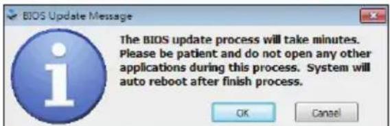 BIOS Update Message The BIOS update process will take minutes. Please be patient and do not open any other applications during this process. System will auto reboot after finish process. OK Cancel