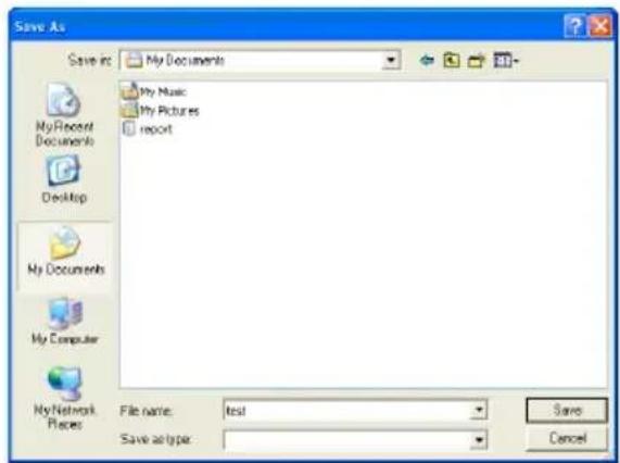 Save As Save in: My Documents My Music My Pictures report My Recent Documents Desktop My Documents My Computer My Network Places File name: test Save as type: Save Cancel