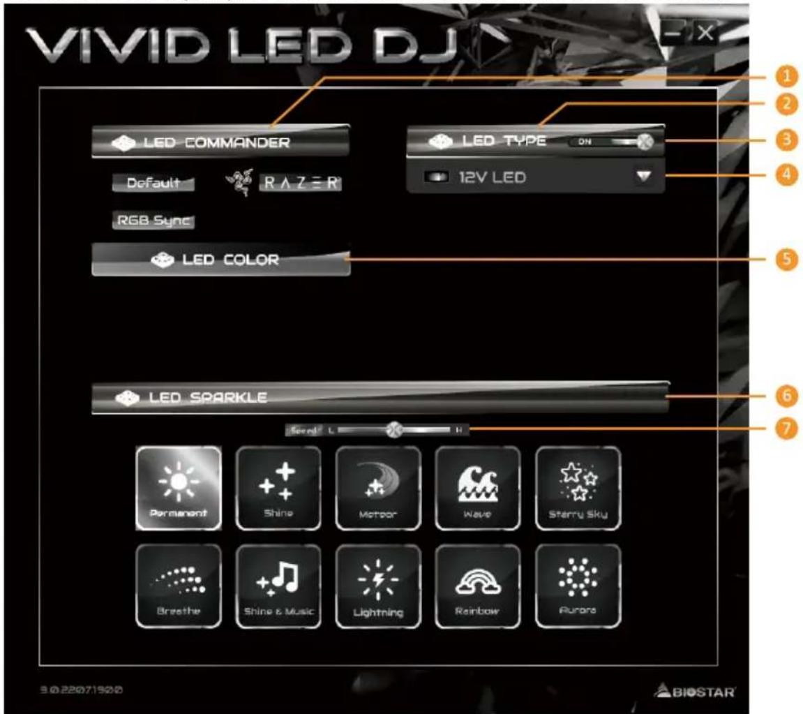 VIVID LED DJ LED COMMANDER Default R A Z E R RGB Sync LED COLOR LED SPARKLE Permanent Shine Meteor Wave Starry Sky Breathe Shine & Music Lightning Rainbow Furora S © 22071920 BIOSTAR