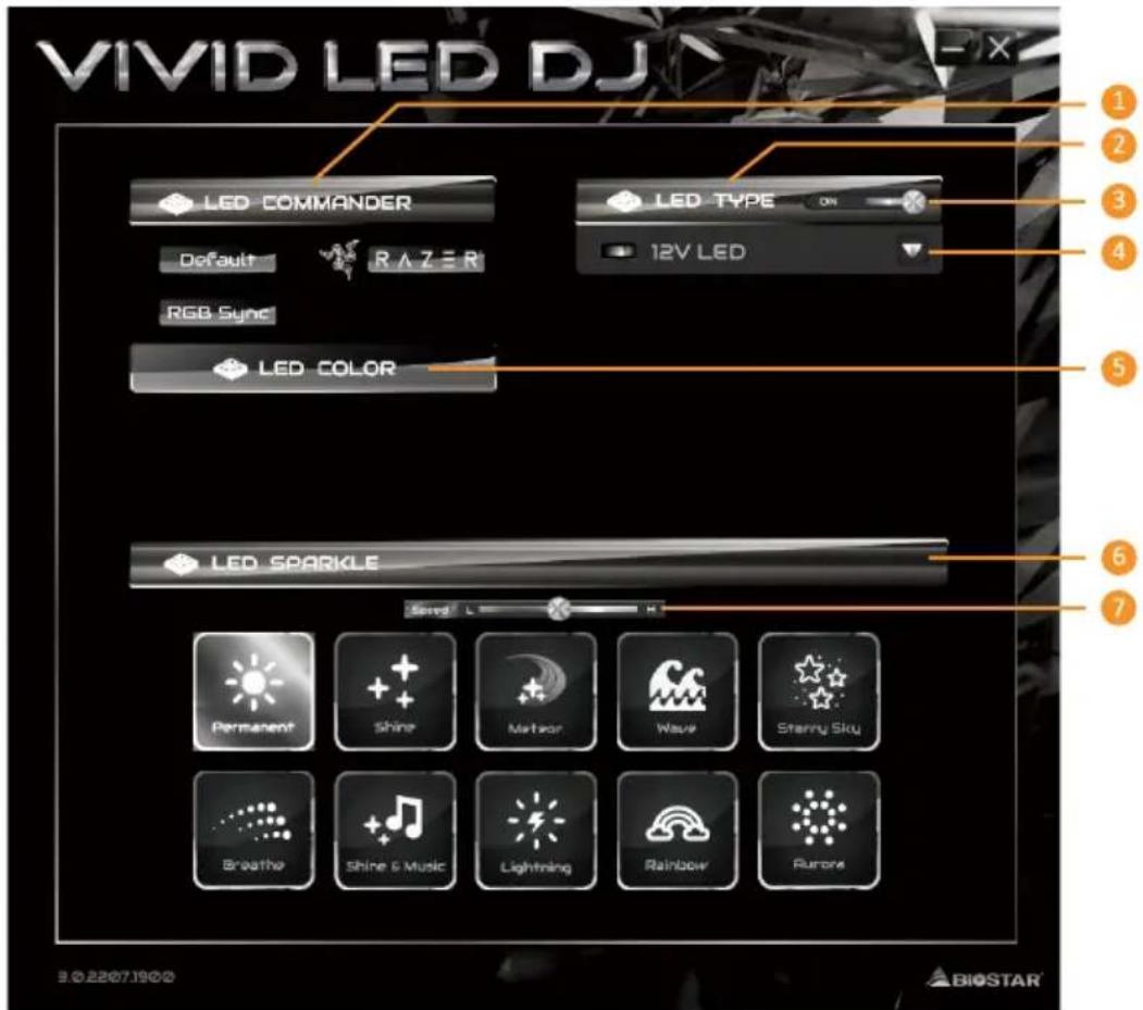 VIVID LED DJ LED COMMANDER Default RAZER RGB Sync LED COLOR LED SPARKLE 12V LED 1 2 3 4 5 6 7 Permanent Shine Meibur Wave Starry Sky Breathe Shine & Music Lightning Rainbow Runors 3.0.2207.1900 BIOSTAR