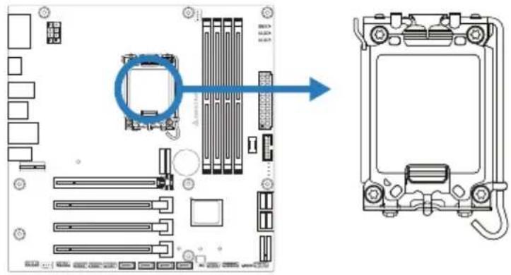 Diagram showing CPU socket layout and rear panel assembly with labeled ports and a blue arrow indicating direction.