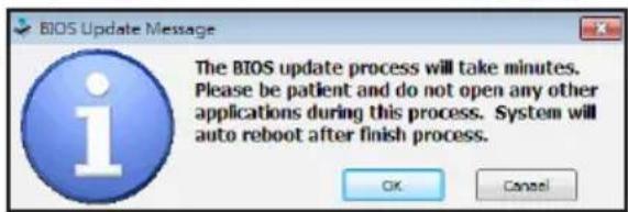 BIOS Update Message The BIOS update process will take minutes. Please be patient and do not open any other applications during this process. System will auto reboot after finish process. OK Cancel