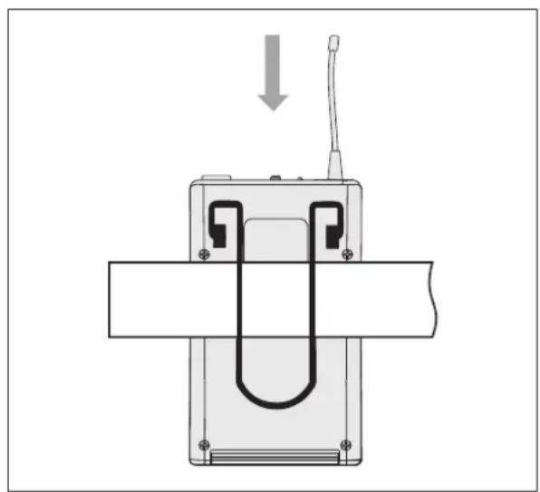 Omnitronic UHF-200 BP - Fastening the pocket transmitter and connecting the microphone - 1
