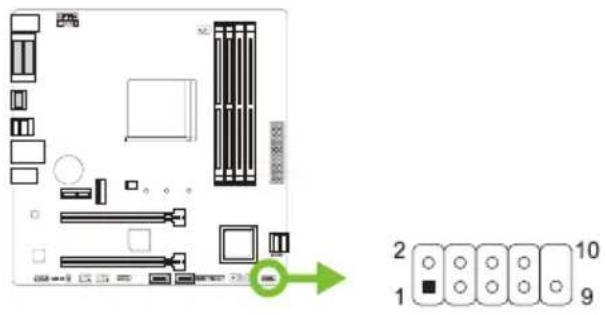 Diagram of a computer motherboard with labeled components and a right-side indicator showing numbered slots 1, 2, 9, 10.