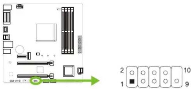Diagram of a computer motherboard layout with labeled components and a corresponding pinout diagram showing 10 pins.