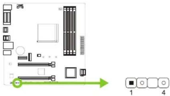 Diagram of a computer motherboard layout with labeled components and a green directional arrow indicating orientation.