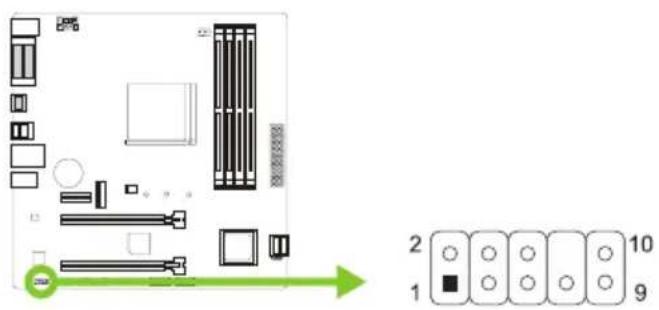 Diagram of a computer motherboard with labeled components and a numbered diagram below showing 10 slots.