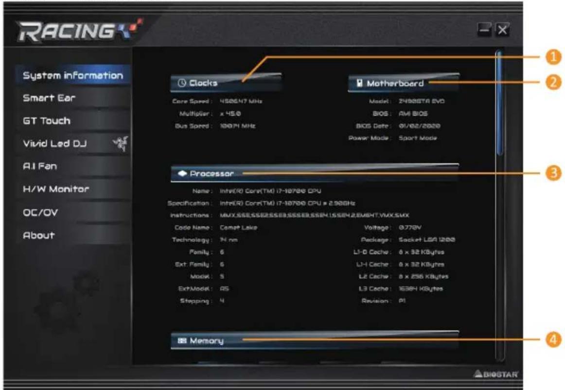 RACING System information Smart Ear GT Touch Vivid Led DJ AI Fan H/W Monitor OC/OV About Clocks Core Speed: 4500N7 MHz Multiplier: x HS0 Bus Speed: 1001N MHz Motherboard Model: Z400STAR DVD BIOS: AM BIOS BIOS Date: 01/02/2020 Power Mode: Sport Mode Processor Name: Intel(R) Core(TM) i7-18700 CPU Spec…