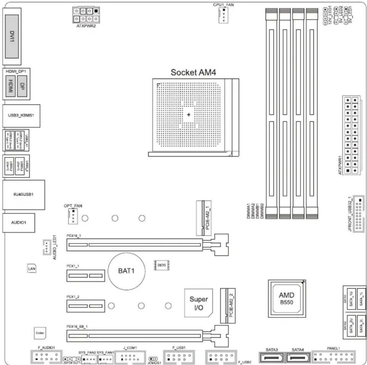 DV1 HDMI_DP1 HDMI DP1 USB3_KBMS1 USB3_1 USB3_2 USB3_3 USB3_4 USB3_5 USB3_6 USB3_7 RJ45USB1 AUDIO1 OPT_FAN AUDIO_LED1 LAN PEX16_1 PEX1_1 BAT1 BIOS PEX1_2 Super I/O CODEC PEX16_SB_1 CPU1_FAN ATXPWR2 Socket AM4 DIMMA-1 DIMMA2 DIMNR-1 DIMMD2 ATXPWR1 JFRONT_USB32_1 SATA_1U SATA_2U SATA_3L SATA4 PANEL1 F_…