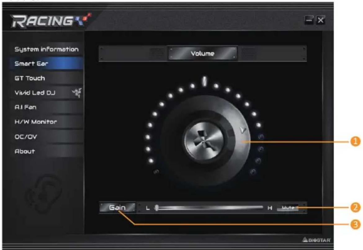 RACING System information Smart Ear GT Touch Vivid Led DJ AI Fan H/W Monitor OC/OV About Volume Gain L H Mute 1 2 3 BIOSTAR