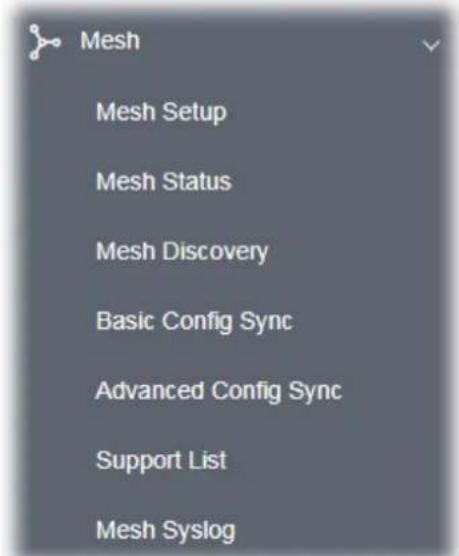 Mesh Mesh Setup Mesh Status Mesh Discovery Basic Config Sync Advanced Config Sync Support List Mesh Syslog