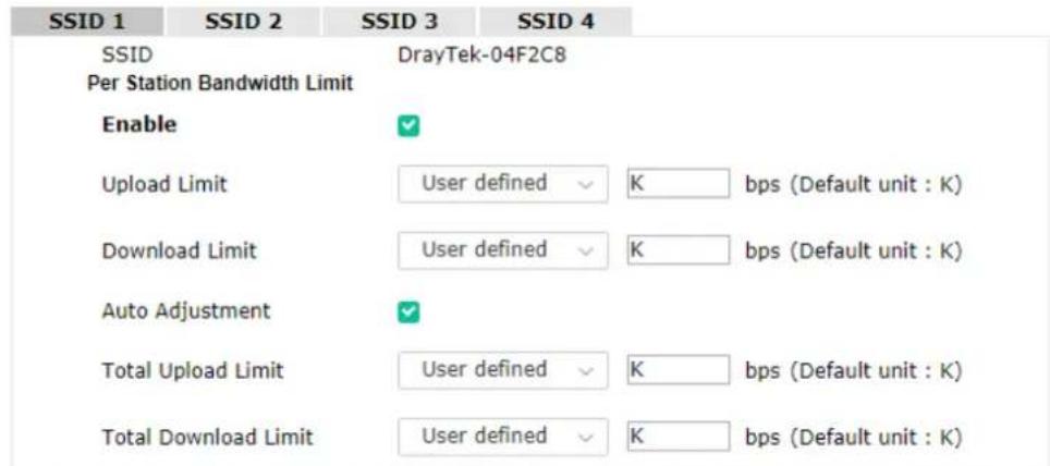 SSID 1 SSID 2 SSID 3 SSID 4 SSID DrayTek-04F2C8 Per Station Bandwidth Limit Enable ✓ Upload Limit User defined K bps (Default unit : K) Download Limit User defined K bps (Default unit : K) Auto Adjustment ✓ Total Upload Limit User defined K bps (Default unit : K) Total Download Limit User defined K bps (Default unit : K)