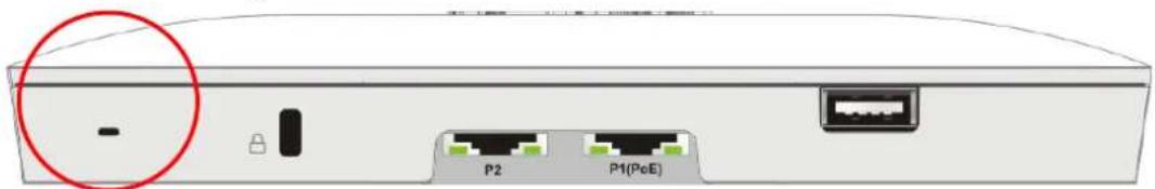 Diagram of a network device rear panel showing ports P2 and P1(PoE) with a red circle highlighting the port's position.
