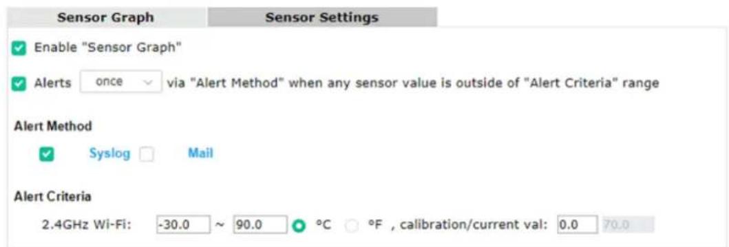 Sensor Graph Sensor Settings Enable "Sensor Graph" Alerts once via "Alert Method" when any sensor value is outside of "Alert Criteria" range Alert Method Syslog Mail Alert Criteria 2.4GHz Wi-Fi: -30.0 ~ 90.0 °C °F , calibration/current val: 0.0 70.0