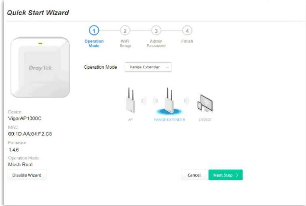 Quick Start Wizard Operation Mode WiFi Setup Admin Password Finish DrayTek Operation Mode Range Extender Device VigorAP1000C MAC 00:1D-AA:04:F2:C8 Firmware 1.4.6 Operation Mode Mesh Root Disable Wizard Cancel Next Step >