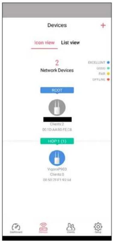 Devices Icon view List view Network Devices ROOT Clients2 00:1D:AA:80 FE:C8 HOP 1 (1) VigorAP903 Clients0 00:50:7FF1:92:54 EXCELLENT GOOD FAIR OFFLINE Dashboard Device Clients Setup
