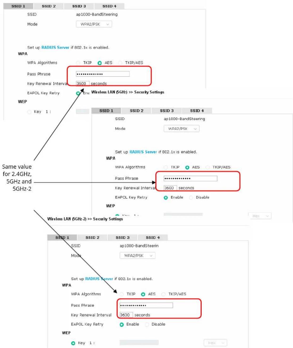 SSID 1 SSID 2 SSID 3 SSID 4 SSID ap1000-BandSteering Mode WPA2/PSK Set up RADIUS Server if 802.1x is enabled. WPA WPA Algorithms TKIP AES TKIP/AES Pass Phrase ********** Key Renewal Interval 3500 seconds EAPOL Key Retry Ena Wireless LAN (5GHz) >> Security Settings WEP Key 1 : SSID 1 SSID 2 SSID 3 SSID 4 SSID ap1000-BandSteering Mode WPA2/PSK Set up RADIUS Server if 802.1x is enabled. WPA WPA Algorithms TKIP AES TKIP/AES Pass Phrase ********** Key Renewal Interval 3600 seconds EAPOL Key Retry Enable Disable WEP Wireless LAN (5GHz-2) >> Security Settings SSID 1 SSID 2 SSID 3 SSID 4 SSID ap1000-BandSteerin Mode WPA2/PSK Set up RADIUS Server if 802.1x is enabled. WPA WPA Algorithms TKIP AES TKIP/AES Pass Phrase ********** Key Renewal Interval 3600 seconds EAPOL Key Retry Enable Disable WEP Key 1 :
