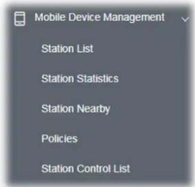 Mobile Device Management Station List Station Statistics Station Nearby Policies Station Control List