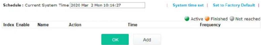 Schedule : Current System Time 2020 Mar 2 Mon 10:16:27 System time set | Set to Factory Default | Index Enable Name Action Time Frequency Active Finished Not reached OK Add