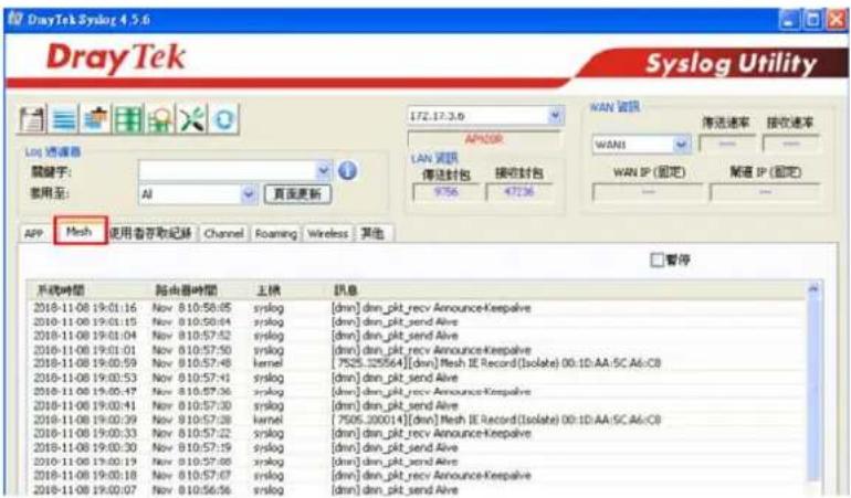 DrayTek Syslog 4.5.6 Syslog Utility Log 遮通器 關鍵字: 使用至: AI 172.17.3.6 APNOSR LAN 資訊 傳送封包 9:56 接收封包 47:36 WAN 資訊 WANI WAN IP (固定) -- -- 開運 IP (固定) -- -- APP Mesh 使用者存取紀錄 Channel Foaming Wireless 其他 □ 暫停 系統時間 路由器時間 上核 訊息 2018-11-08 19:01:16 Nov 8:10:58:05 syslog [dwn] dwn_pkt_recv Announce-Keepalive 2018-11-08 19:01:15 Nov 8:10:58:04 syslog [dwn] dwn_pkt_send Alive 2018-11-08 19:01:04 Nov 8:10:57:52 syslog [dwn] dwn_pkt_send Alive 2018-11-08 19:01:01 Nov 8:10:57:50 syslog [dwn] dwn_pkt_recv Announce-Keepalive 2018-11-08 19:00:59 Nov 8:10:57:48 kernel [7525.325564][dwn] Mesh IE Record[Isolate] 00:10:AA/SC A6:C8 2018-11-08 19:00:53 Nov 8:10:57:41 syslog [dwn] dwn_pkt_send Alive 2018-11-08 19:00:47 Nov 8:10:57:36 syslog [dwn] dwn_pkt_recv Announce-Keepalive 2018-11-08 19:00:41 Nov 8:10:57:30 syslog [dwn] dwn_pkt_send Alive 2018-11-08 19:00:39 Nov 8:10:57:28 kernel [7505.200014][dwn] Mesh IE Record[Isolate] 00:10:AA/SC A6:C8 2018-11-08 19:00:33 Nov 8:10:57:22 syslog [dwn] dwn_pkt_recv Announce-Keepalive 2018-11-08 19:00:30 Nov 8:10:57:19 syslog [dwn] dwn_pkt_send Alive 2018-11-08 19:00:19 Nov 8:10:57:08 syslog [dwn] dwn_pkt_send Alive 2018-11-08 19:00:18 Nov 8:10:57:67 syslog [dwn] dwn_pkt_recv Announce-Keepalive 2018-11-08 19:00:07 Nov 8:10:56:56 syslog [dwn] dwn_pkt_send Alive