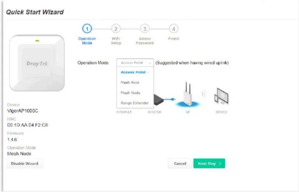 Quick Start Wizard Operation Mode WiFi Setup Admin Password Finish DrayTek Operation Mode Access Point Access Point Mesh Root Mesh Node Range Extender (Suggested when having wired uplink) Device VigorAP1000C MAC 00.1D AA:04 F2:C8 Firmware 1.4.6 Operation Mode Mesh Node Disable Wizard INTERNET ROUTER AP DEVICE Cancel Next Step >