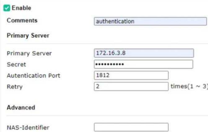 Enable Comments authentication Primary Server Primary Server 172.16.3.8 Secret ********** Authentication Port 1812 Retry 2 times(1 ~ 3) Advanced NAS-Identifier