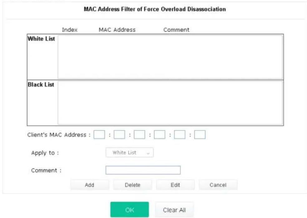 MAC Address Filter of Force Overload Disassociation Index MAC Address Comment White List Black List Client's MAC Address : □ : □ : □ : □ : □ : □ Apply to : White List Comment : Add Delete Edit Cancel OK Clear All