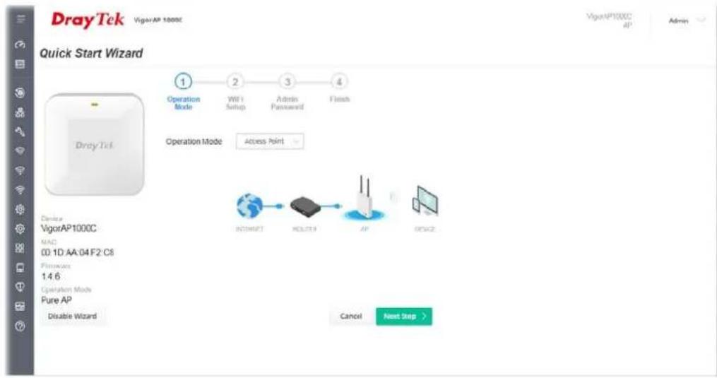 DrayTek VigorAP1000C Quick Start Wizard Operation Mode 2 3 4 WiFi Setup Admin Password Flash Operation Mode Access Point Device VigorAP1000C MAC 00 1D:AA:04:F2:C8 Primipics 1.4.6 Qualifier Mode Pure AP Disable Wizard NOTWITH MULTIEN AP OSW2 Cancel Next Step