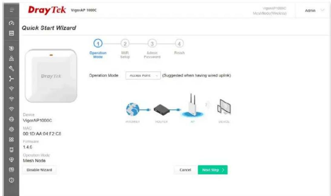 DrayTek VigorAP 1000C VigorAP1000C MeshNode(Windows) Admin Quick Start Wizard Operation Mode 2 3 4 WIFI Setup Admin Password Finish Operation Mode Access Point (Suggested when having wired uplink) Device VigorAP1000C MAC 00:1D-AA:04:F2:C8 Firmware 1.4.6 Operation Mode Mesh Node Disable Wizard Cancel Next Step