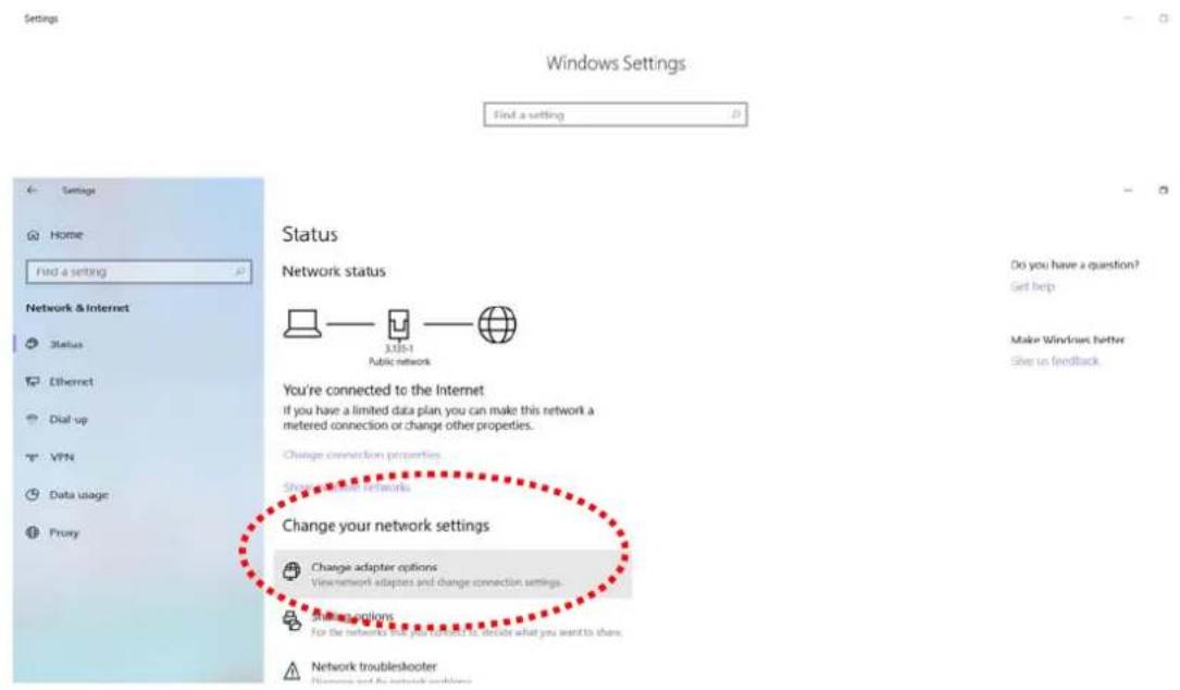 Settings Windows Settings Find a setting Status Network status 3.180-1 Public network You're connected to the Internet if you have a limited data plan, you can make this network a metered connection or change other properties. Change connection properties Show your network settings Change your network settings Change adapter options Viewnetwork adapters and change connection settings. Share logylons For the networks that your tools are to decide what you want to share. Network troubleskooter