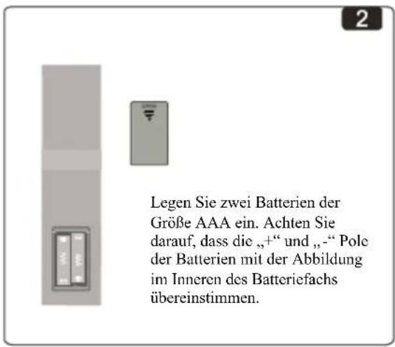 Legen Sie zwei Batterien der Größe AAA ein. Achten Sie darauf, dass die „+“ und „-“ Pole der Batterien mit der Abbildung im Inneren des Batteriefachs übereinstimmen.