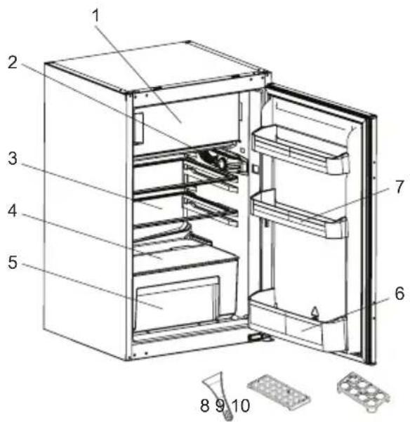 Technical diagram of an open refrigerator with numbered parts and exploded view, labeled 1 through 10.