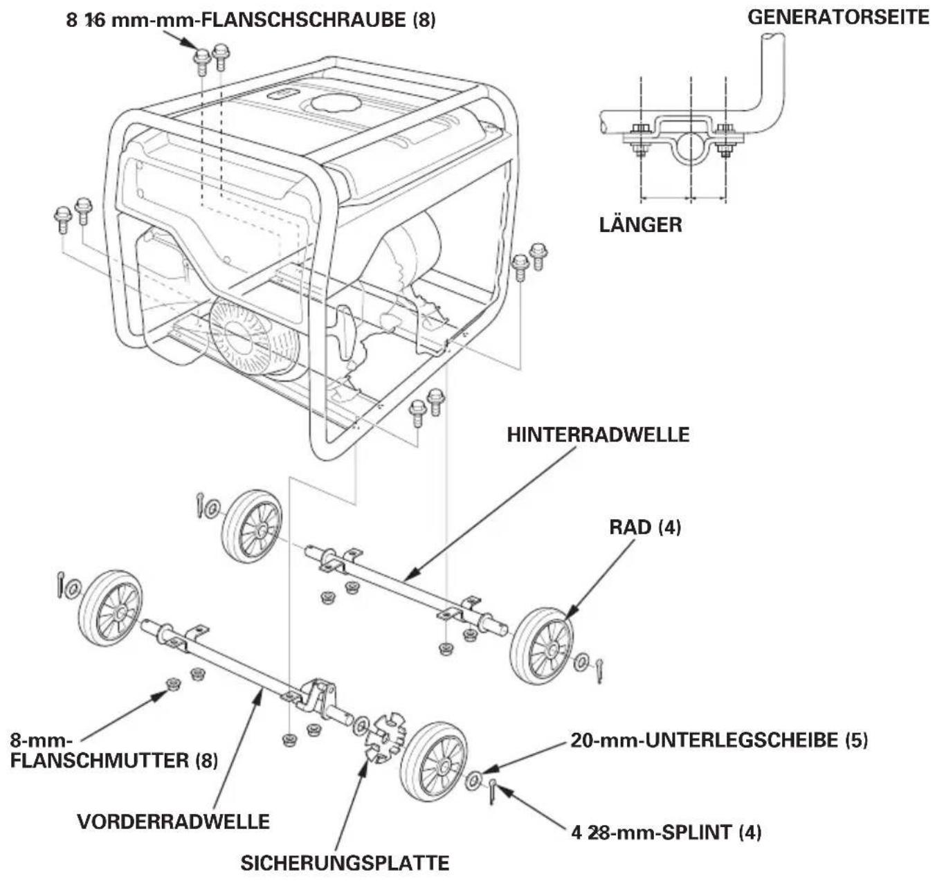 8 16 mm-mm-FLANSCHSCHRAUBE (8) GENERATORSEITE LÄNGER HINTERRADWELLE RAD (4) 8-mm- FLANSCHMUTTER (8) VORDERRADWELLE 20-mm-UNTERLEGSCHEIBE (5) 4 28-mm-SPLINT (4) SICHERUNGSPLATTE