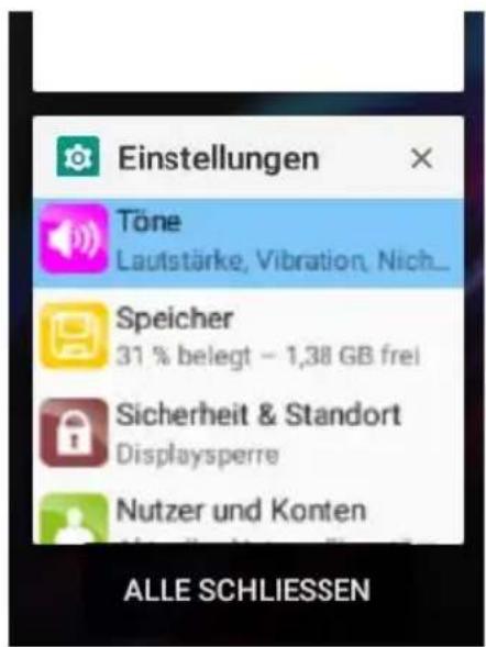 Einstellungen Töne Lautstärke, Vibration, Nich... Speicher 31 % belegt - 1,38 GB frei Sicherheit & Standort Displaysperre Nutzer und Konten ALLE SCHLIESSEN