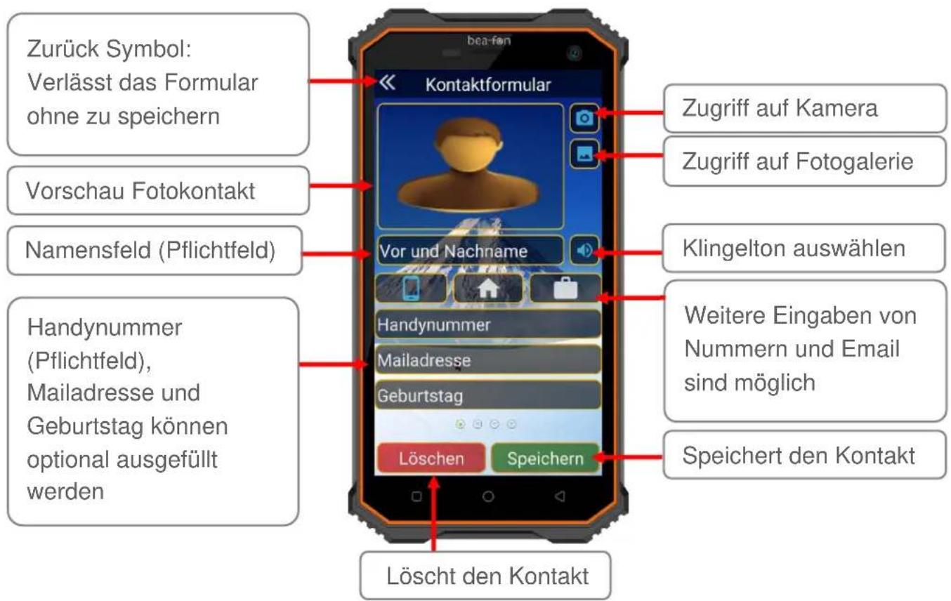 Zurück Symbol: Verlässt das Formular ohne zu speichern Vorschau Fotokontakt Namensfeld (Pflichtfeld) Handynummer (Pflichtfeld), Mailadresse und Geburtstag können optional ausgefüllt werden Kontaktformular Vor und Nachname Handynummer Mailadresse Geburtstag Löschen Speichern Speichert den Kontakt Löscht den Kontakt Zugriff auf Kamera Zugriff auf Fotogalerie Klingelton auswählen Weitere Eingaben von Nummern und Email sind möglich