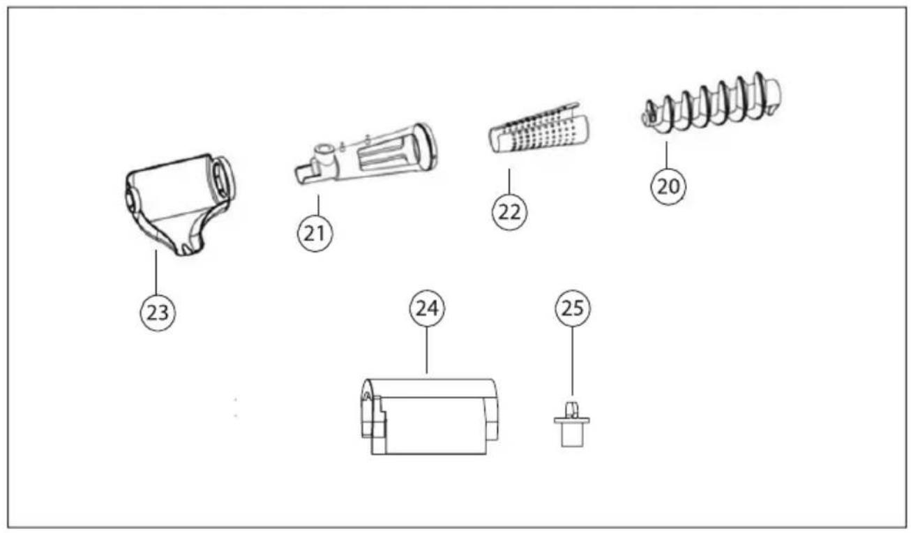 Technical diagram showing exploded view of mechanical components with numbered parts labeled 20 to 25.