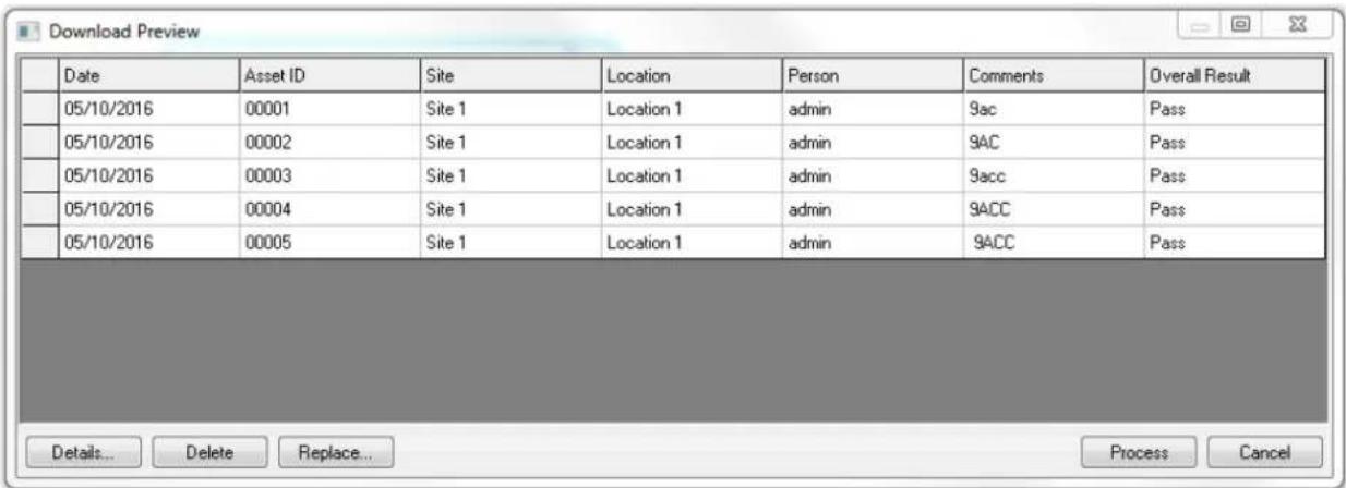 Download Preview Date Asset ID Site Location Person Comments Overall Result 05/10/2016 00001 Site 1 Location 1 admin 9ac Pass 05/10/2016 00002 Site 1 Location 1 admin 9AC Pass 05/10/2016 00003 Site 1 Location 1 admin 9acc Pass 05/10/2016 00004 Site 1 Location 1 admin 9ACC Pass 05/10/2016 00005 Site 1 Location 1 admin 9ACC Pass Details Delete Replace... Process Cancel