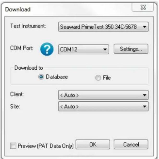 Download Test Instrument: Seaward PrimeTest 350 34C-5678 COM Port: COM12 Settings... Download to Database File Client: < Auto > Site: < Auto > Preview (PAT Data Only) OK Cancel