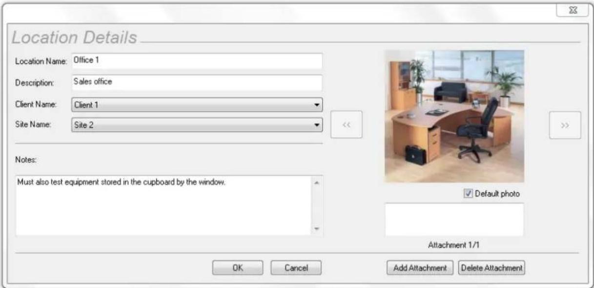 Location Details Location Name: Office 1 Description: Sales office Client Name: Client 1 Site Name: Site 2 Notes: Must also test equipment stored in the cupboard by the window. Attachment 1/1 OK Cancel Add Attachment Delete Attachment