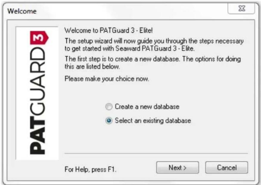 Welcome PATGUARD 3 Welcome to PATGuard 3 - Elite! The setup wizard will now guide you through the steps necessary to get started with Seaward PATGuard 3 - Elite. The first step is to create a new database. The options for doing this are listed below. Please make your choice now. Create a new database Select an existing database For Help, press F1. Next > Cancel