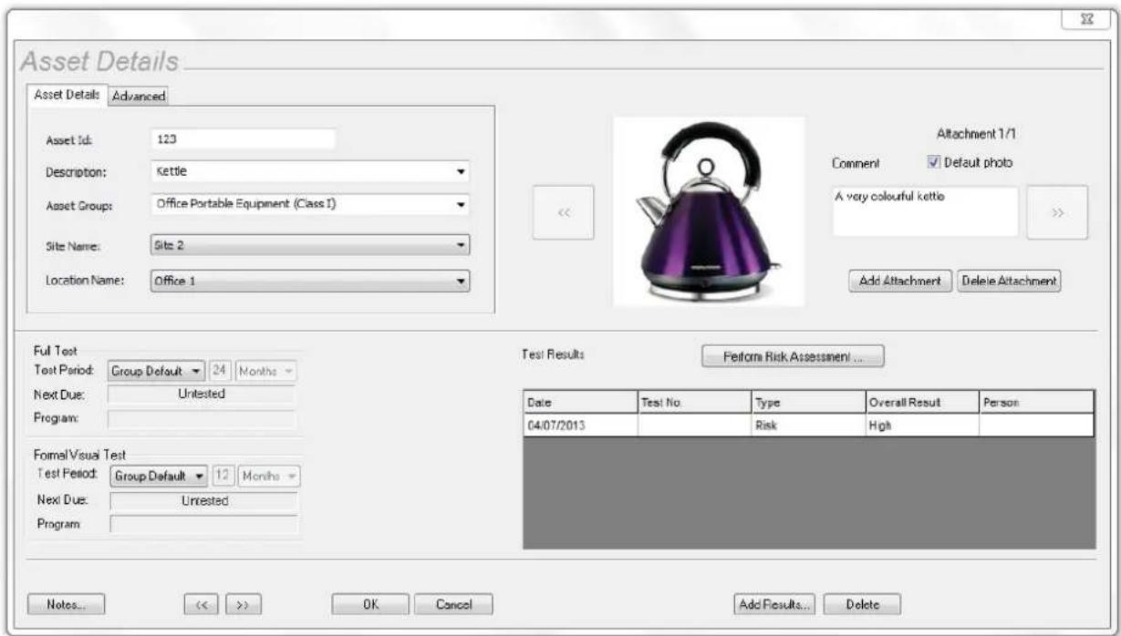 Asset Details Asset Details Advanced Asset Id: 123 Description: Kettle Asset Group: Office Portable Equipment (Class I) Site Name: Site 2 Location Name: Office 1 Attachment 1/1 Comment Default photo A very colourful kettle Add Attachment Delete Attachment Full Test Test Period: Group Default 24 Months Next Due: Untested Program: Formal Visual Test Test Period: Group Default 12 Months Next Due: Untested Program: Test Results Perform Risk Assessment ... Date Test No. Type Overall Result Person 04/07/2013 Risk High Notes... << >> OK Cancel Add Results... Delete