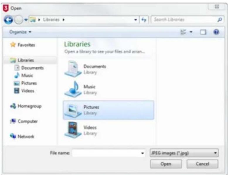 Open Libraries Search Libraries Organize Favorites Libraries Documents Music Pictures Videos Homegroup Computer Network Libraries Open a library to see your files and arran... Documents Library Music Library Pictures Library Videos Library File name: JPEG images (*.jpg) Open Cancel