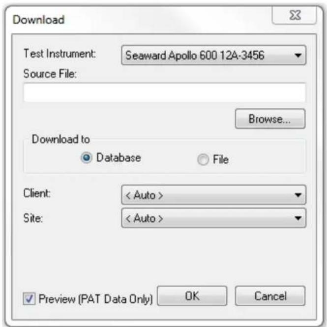Download Test Instrument: Seaward Apollo 600 12A-3456 Source File: Browse... Download to Database File Client: < Auto > Site: < Auto > Preview (PAT Data Only) OK Cancel