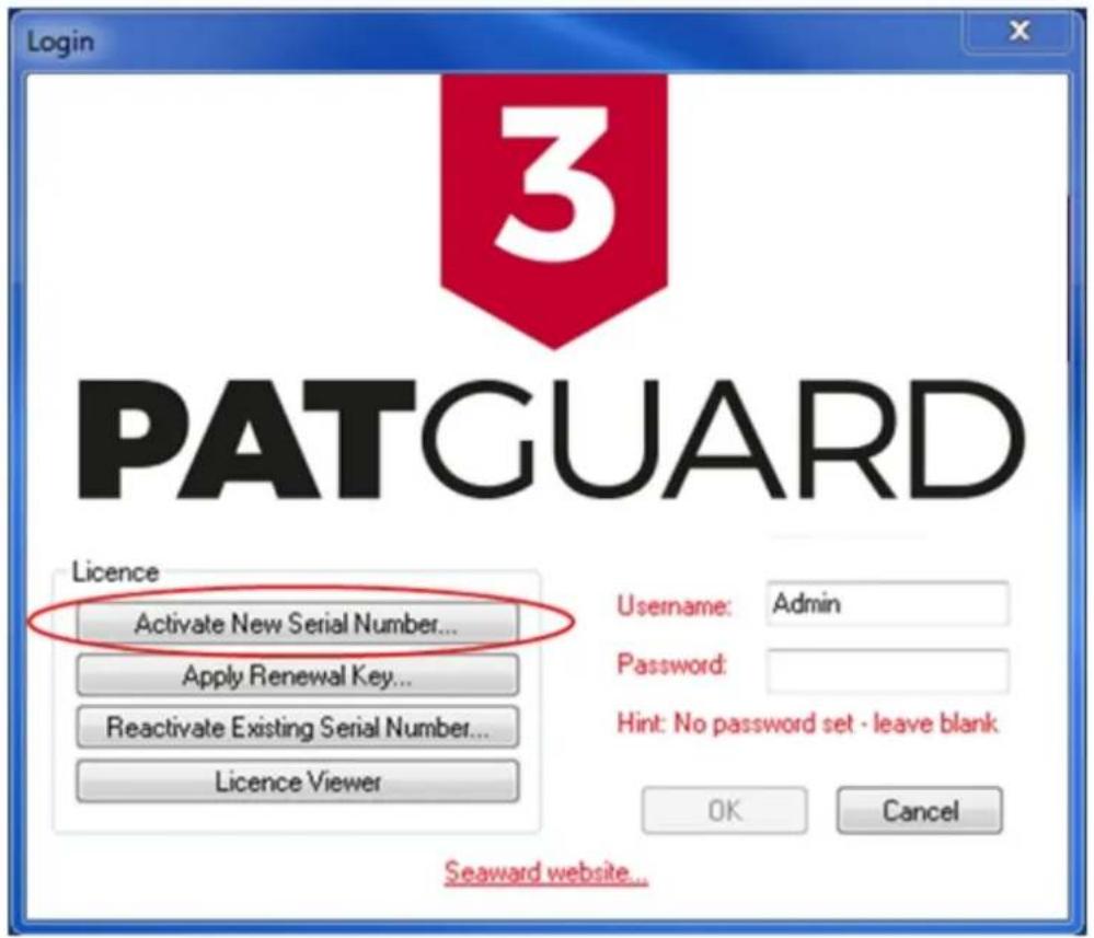 Login 3 PATGUARD Licence Activate New Serial Number... Apply Renewal Key... Reactivate Existing Serial Number... Licence Viewer Username: Admin Password: Hint: No password set - leave blank OK Cancel Seaward website...
