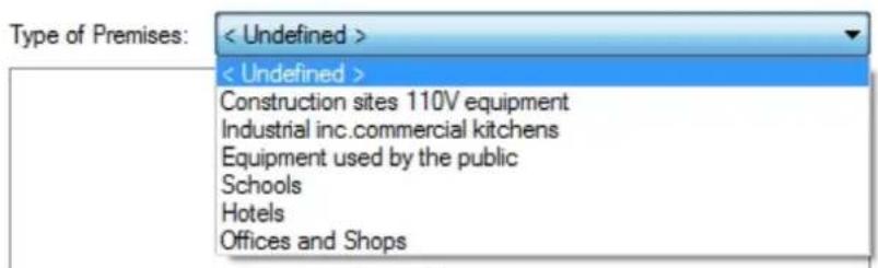 Type of Premises: < Undefined > < Undefined > Construction sites 110V equipment Industrial inc.commercial kitchens Equipment used by the public Schools Hotels Offices and Shops