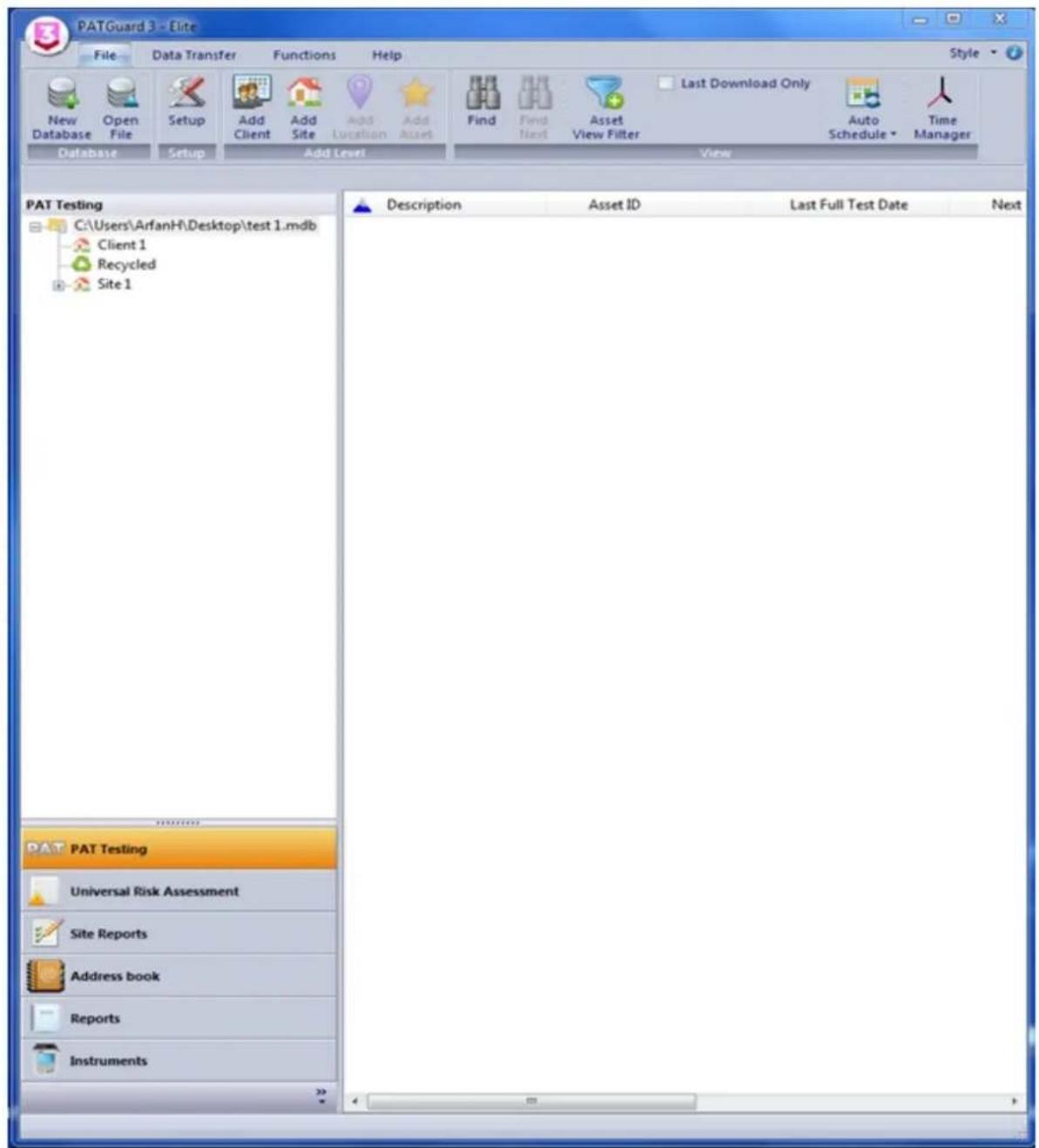 PATGuard 3 - Elite File Data Transfer Functions Help New Open Setup Add Site Add Location Add Asset Find Find Next Asset View Filter Last Download Only Auto Schedule Time Manager Database Setup Add Level View PAT Testing C:\Users\ArfanH\Desktop\test 1.mdb Client 1 Recycled Site 1 Description Asset ID Last Full Test Date Next PAT PAT Testing Universal Risk Assessment Site Reports Address book Reports Instruments